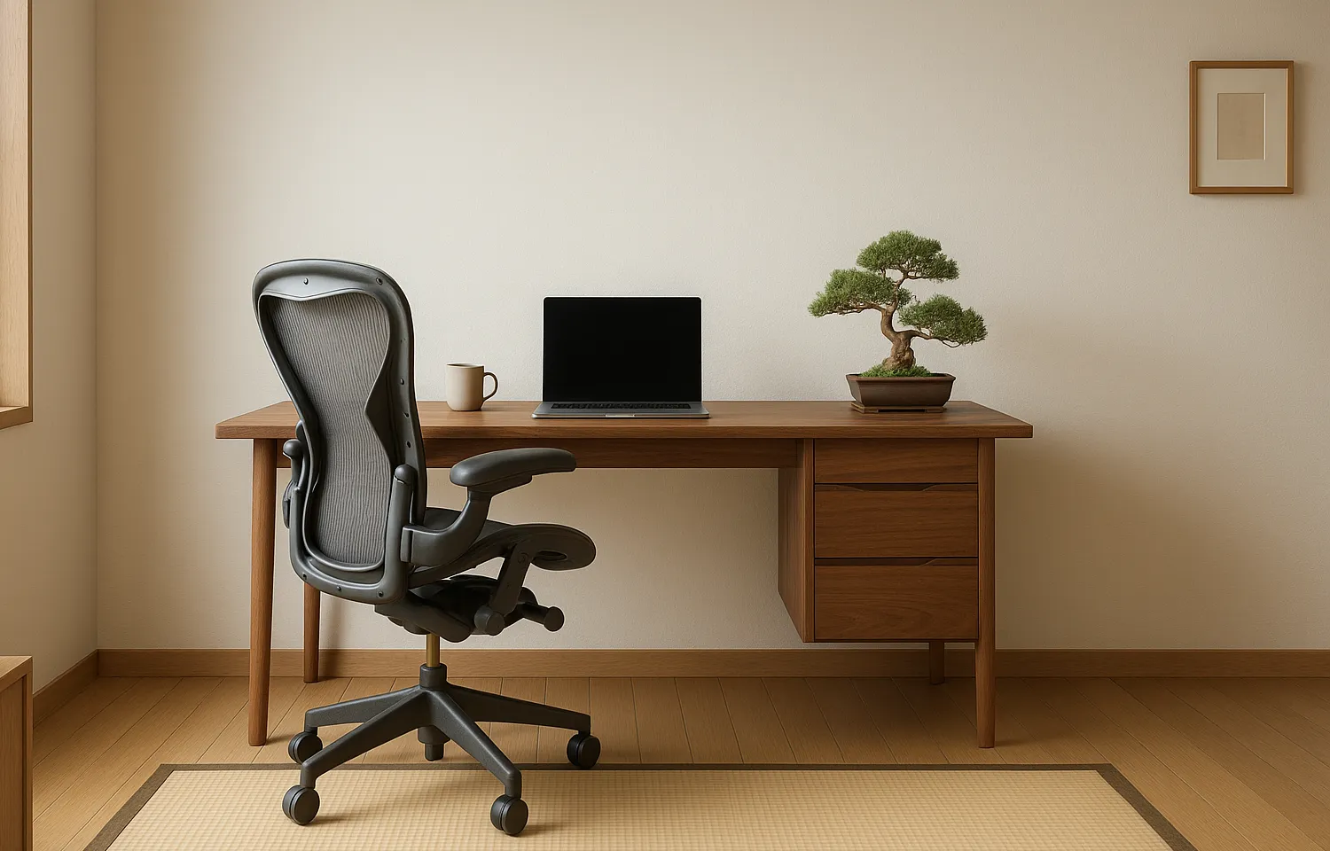 ChatGPT Prompt: A super-clean high-resolution wide landscape 16:9 picture depicting minimal ownership of a workspace in a cozy room. Think Scandinivian style meet Japanese minimalism. However, have a Herman Miller Aeron chair and a solid walnut desk with storage drawers.